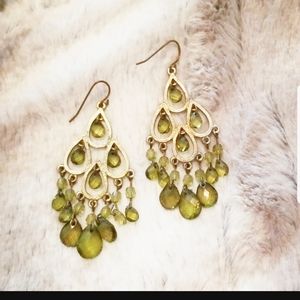Gold and Green Beaded Chandelier Earrings